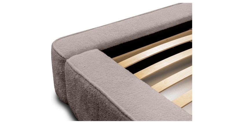 Lit coffre DENALI – Taupe rosé bouclé – 180x200 cm – Tissu velours doux – Sommier relevable – Rangement intégré 