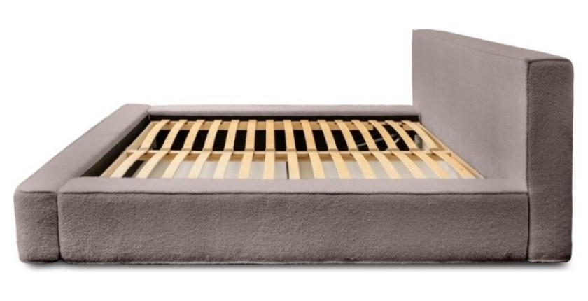 Lit coffre DENALI – Taupe rosé bouclé – 180x200 cm – Tissu velours doux – Sommier relevable – Rangement intégré 