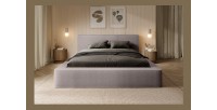 Lit coffre DENALI – Taupe rosé bouclé – 180x200 cm – Tissu velours doux – Sommier relevable – Rangement intégré
