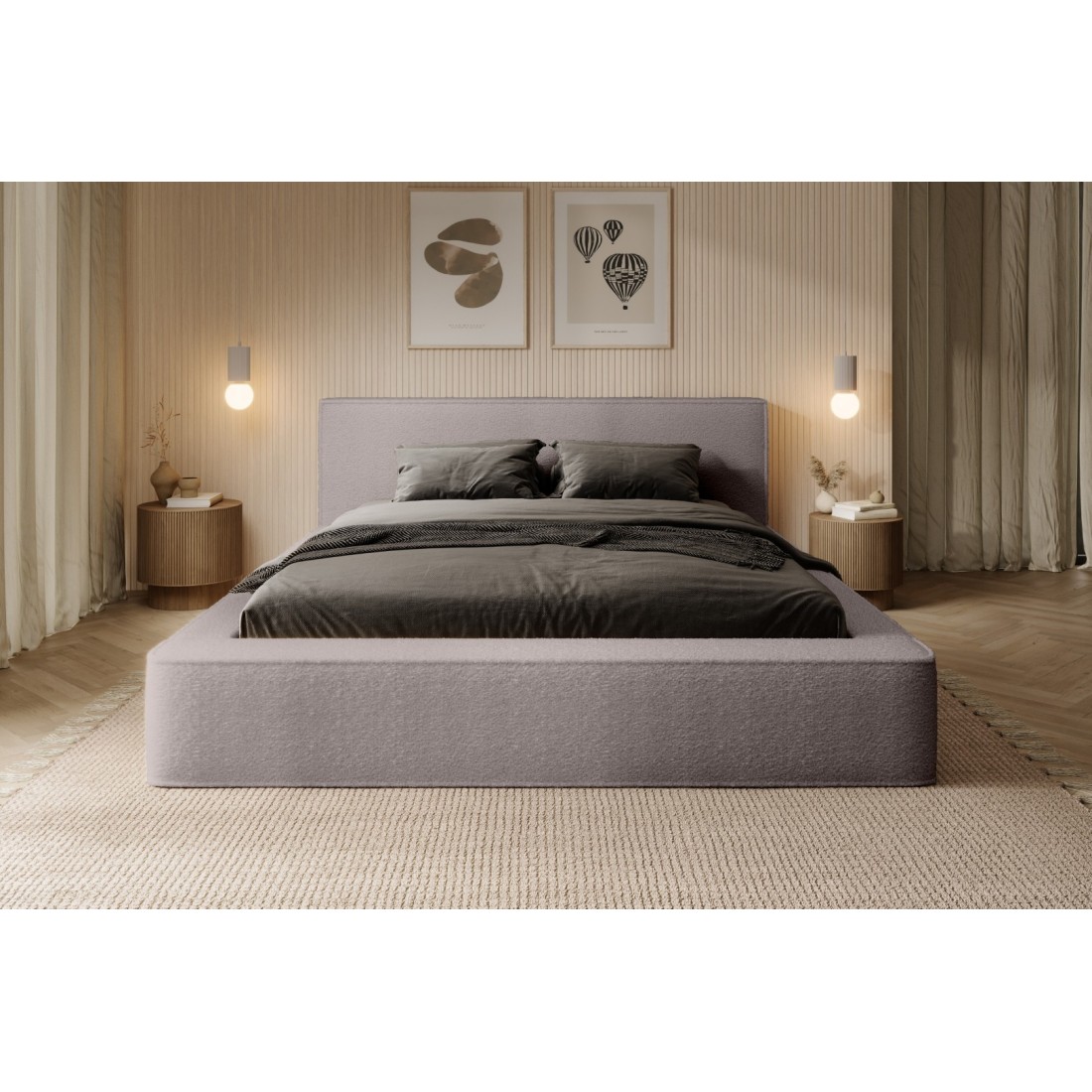 Lit coffre DENALI – Taupe rosé bouclé – 180x200 cm – Tissu velours doux – Sommier relevable – Rangement intégré