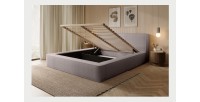 Lit coffre DENALI – Taupe rosé bouclé – 180x200 cm – Tissu velours doux – Sommier relevable – Rangement intégré 
