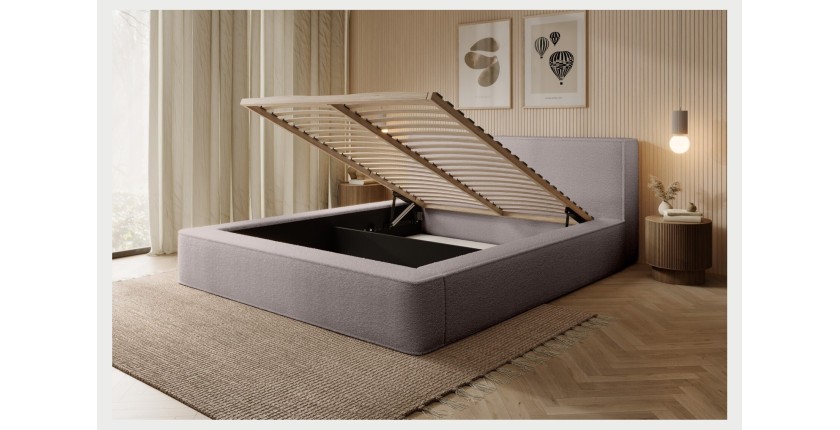 Lit coffre DENALI – Taupe rosé bouclé – 180x200 cm – Tissu velours doux – Sommier relevable – Rangement intégré 