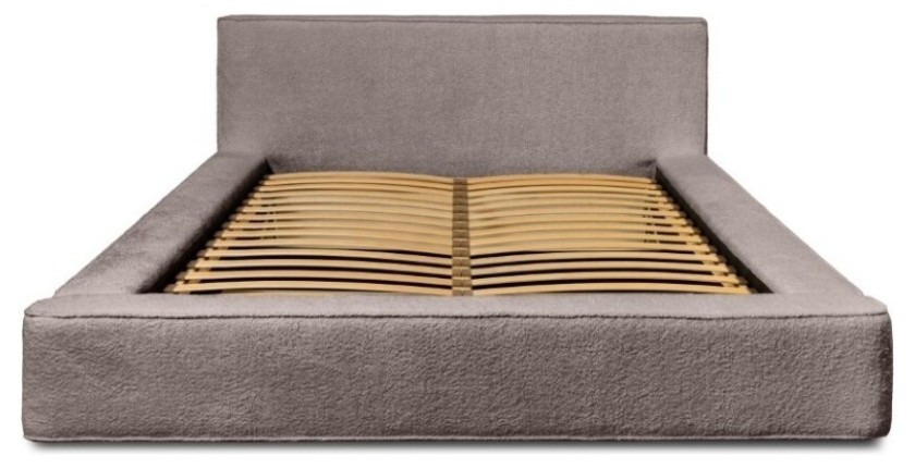 Lit coffre DENALI – Taupe rosé bouclé – 160x200 cm – Tissu velours doux – Sommier relevable – Rangement intégré 