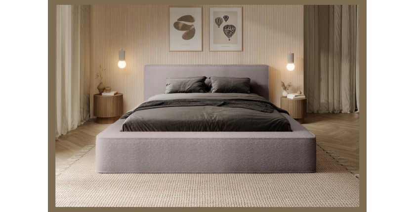 Lit coffre DENALI – Taupe rosé bouclé – 160x200 cm – Tissu velours doux – Sommier relevable – Rangement intégré