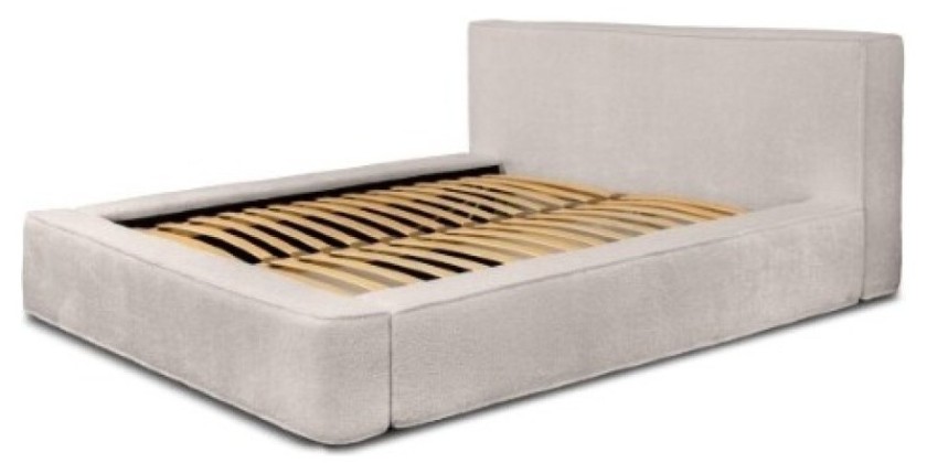 Lit coffre DENALI – Beige poudré bouclé – 180x200 cm – Tissu velours doux – Sommier relevable – Rangement intégré 