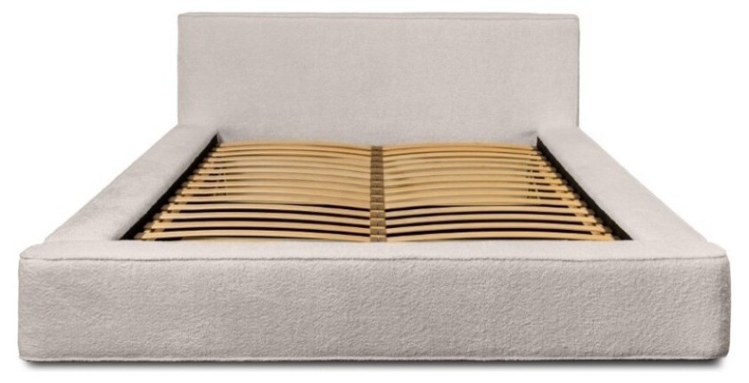 Lit coffre DENALI – Beige poudré bouclé – 180x200 cm – Tissu velours doux – Sommier relevable – Rangement intégré 