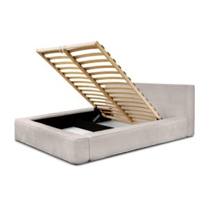Lit coffre DENALI – Beige poudré bouclé – 180x200 cm – Tissu velours doux – Sommier relevable – Rangement intégré 