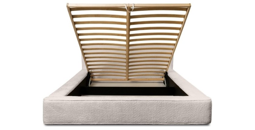 Lit coffre DENALI – Beige poudré bouclé – 180x200 cm – Tissu velours doux – Sommier relevable – Rangement intégré 