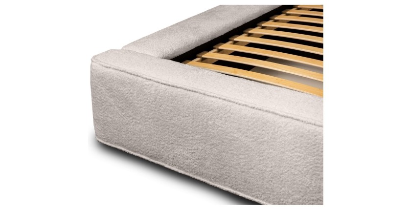 Lit coffre DENALI – Beige poudré bouclé – 180x200 cm – Tissu velours doux – Sommier relevable – Rangement intégré 