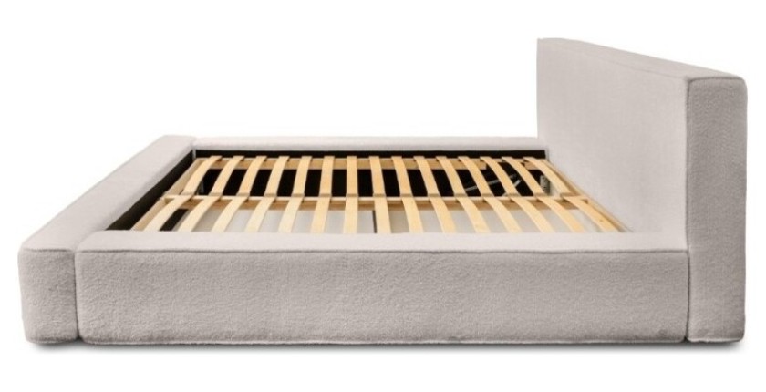 Lit coffre DENALI – Beige poudré bouclé – 180x200 cm – Tissu velours doux – Sommier relevable – Rangement intégré 