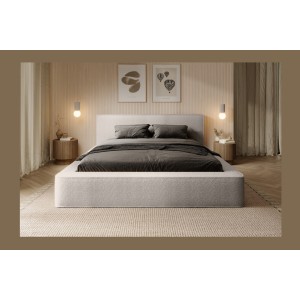 Lit coffre DENALI – Beige poudré bouclé – 180x200 cm – Tissu velours doux – Sommier relevable – Rangement intégré
