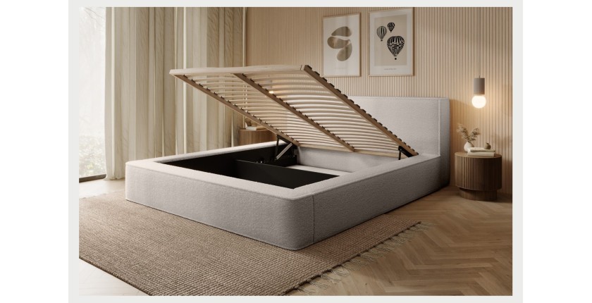 Lit coffre DENALI – Beige poudré bouclé – 180x200 cm – Tissu velours doux – Sommier relevable – Rangement intégré 