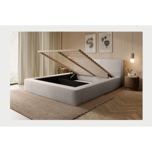 Lit coffre DENALI – Beige poudré bouclé – 180x200 cm – Tissu velours doux – Sommier relevable – Rangement intégré 