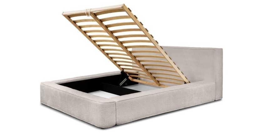 Lit coffre DENALI – Beige poudré bouclé – 140x200 cm – Tissu velours doux – Sommier relevable – Rangement intégré 