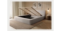 Lit coffre DENALI – Beige poudré bouclé – 140x200 cm – Tissu velours doux – Sommier relevable – Rangement intégré 