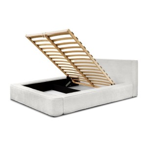 Lit coffre DENALI – Blanc alpin bouclé – 180x200 cm – Tissu velours doux – Sommier relevable – Rangement intégré 