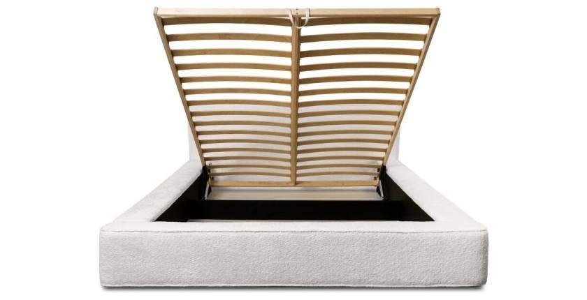 Lit coffre DENALI – Blanc alpin bouclé – 180x200 cm – Tissu velours doux – Sommier relevable – Rangement intégré 