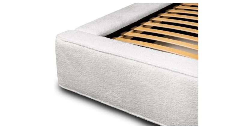 Lit coffre DENALI – Blanc alpin bouclé – 180x200 cm – Tissu velours doux – Sommier relevable – Rangement intégré 