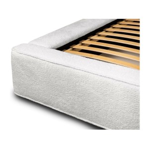 Lit coffre DENALI – Blanc alpin bouclé – 180x200 cm – Tissu velours doux – Sommier relevable – Rangement intégré 