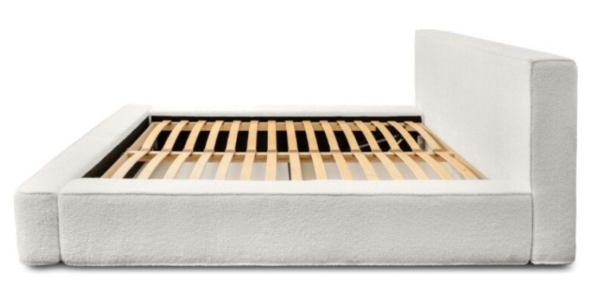 Lit coffre DENALI – Blanc alpin bouclé – 180x200 cm – Tissu velours doux – Sommier relevable – Rangement intégré 