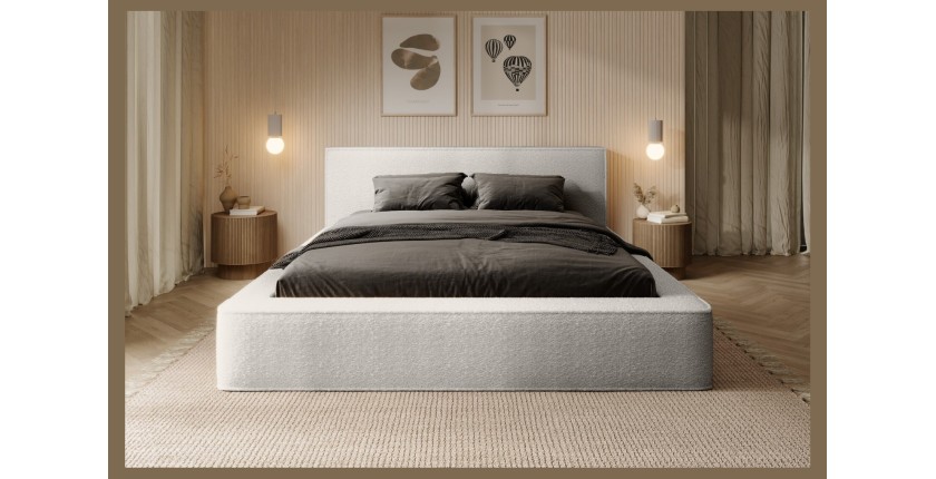 Lit coffre DENALI – Blanc alpin bouclé – 180x200 cm – Tissu velours doux – Sommier relevable – Rangement intégré