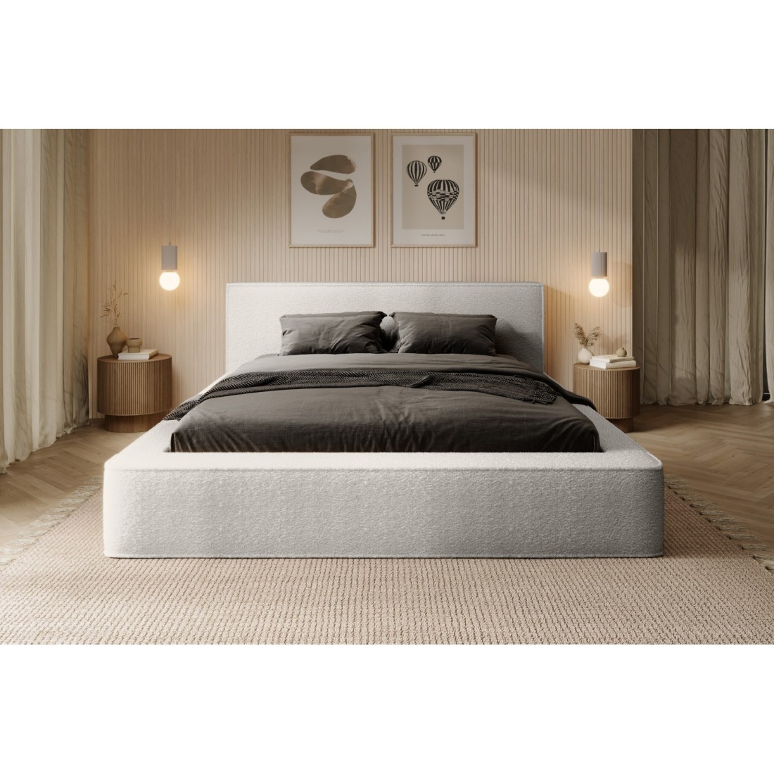 Lit coffre DENALI – Blanc alpin bouclé – 180x200 cm – Tissu velours doux – Sommier relevable – Rangement intégré