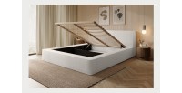 Lit coffre DENALI – Blanc alpin bouclé – 180x200 cm – Tissu velours doux – Sommier relevable – Rangement intégré 