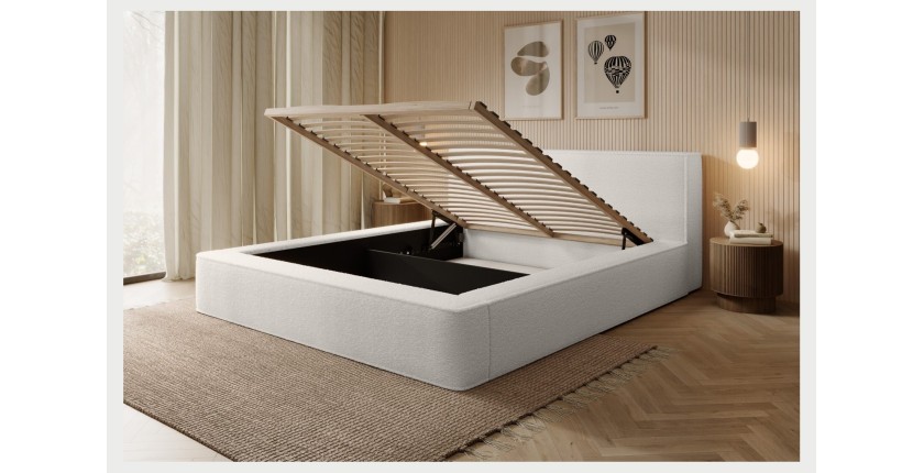Lit coffre DENALI – Blanc alpin bouclé – 180x200 cm – Tissu velours doux – Sommier relevable – Rangement intégré 