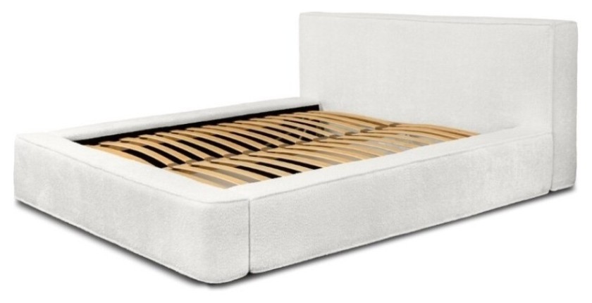 Lit coffre DENALI – Blanc alpin bouclé – 160x200 cm – Tissu velours doux – Sommier relevable – Rangement intégré 