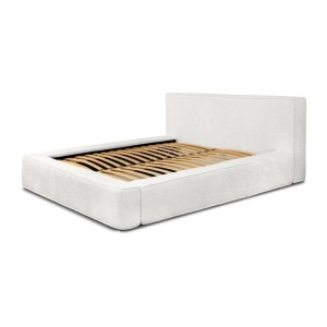 Lit coffre DENALI – Blanc alpin bouclé – 160x200 cm – Tissu velours doux – Sommier relevable – Rangement intégré 