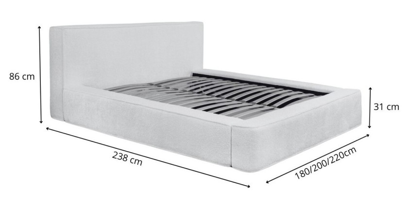 Lit coffre DENALI – Blanc alpin bouclé – 160x200 cm – Tissu velours doux – Sommier relevable – Rangement intégré 