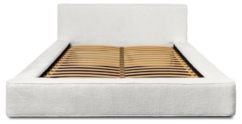 Lit coffre DENALI – Blanc alpin bouclé – 160x200 cm – Tissu velours doux – Sommier relevable – Rangement intégré 