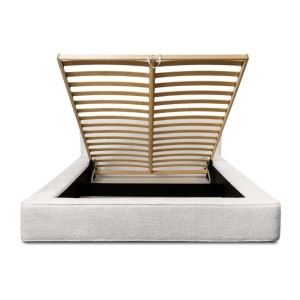 Lit coffre DENALI – Blanc alpin bouclé – 160x200 cm – Tissu velours doux – Sommier relevable – Rangement intégré 