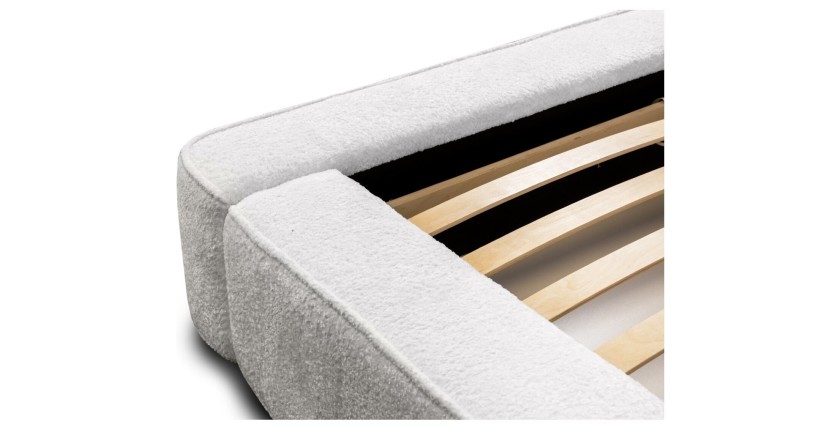Lit coffre DENALI – Blanc alpin bouclé – 160x200 cm – Tissu velours doux – Sommier relevable – Rangement intégré 