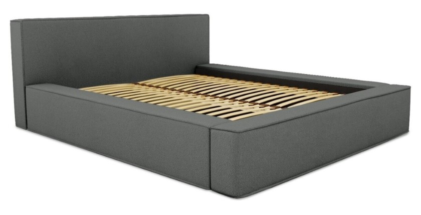 Lit coffre DENALI – Ardoise bouclé – 160x200 cm – Tissu velours doux – Sommier relevable – Rangement intégré 