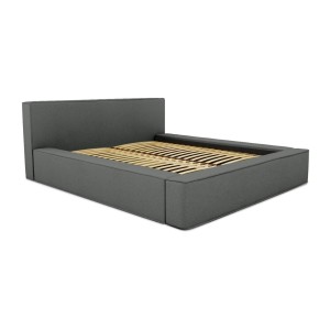 Lit coffre DENALI – Ardoise bouclé – 160x200 cm – Tissu velours doux – Sommier relevable – Rangement intégré 