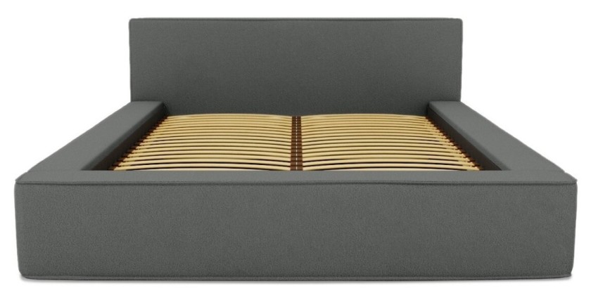 Lit coffre DENALI – Ardoise bouclé – 160x200 cm – Tissu velours doux – Sommier relevable – Rangement intégré 