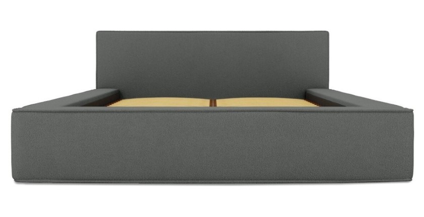 Lit coffre DENALI – Ardoise bouclé – 160x200 cm – Tissu velours doux – Sommier relevable – Rangement intégré 
