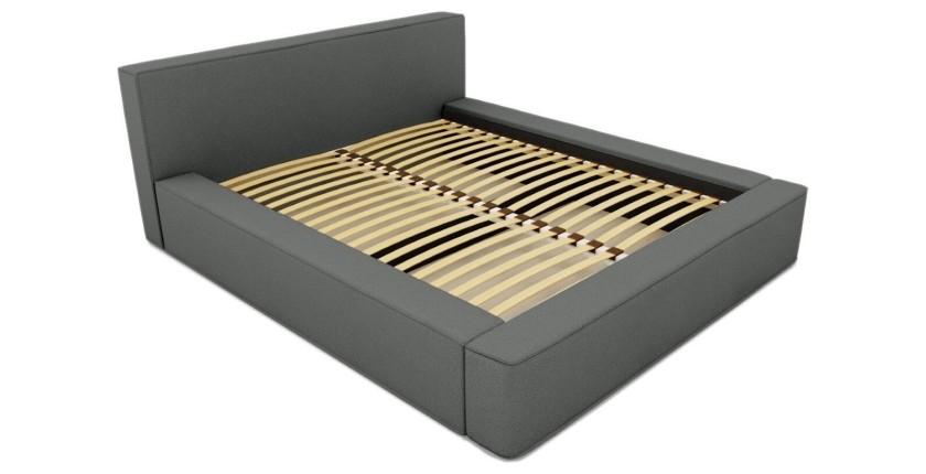 Lit coffre DENALI – Ardoise bouclé – 160x200 cm – Tissu velours doux – Sommier relevable – Rangement intégré 