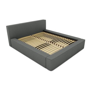 Lit coffre DENALI – Ardoise bouclé – 160x200 cm – Tissu velours doux – Sommier relevable – Rangement intégré 