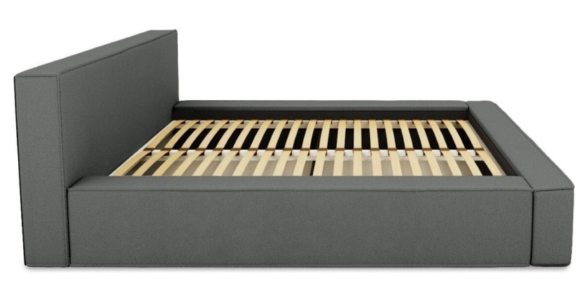 Lit coffre DENALI – Ardoise bouclé – 160x200 cm – Tissu velours doux – Sommier relevable – Rangement intégré 