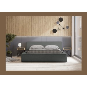 Lit coffre DENALI – Ardoise bouclé – 160x200 cm – Tissu velours doux – Sommier relevable – Rangement intégré