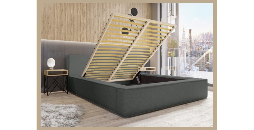 Lit coffre DENALI – Ardoise bouclé – 160x200 cm – Tissu velours doux – Sommier relevable – Rangement intégré 