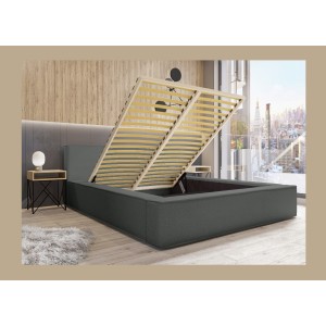 Lit coffre DENALI – Ardoise bouclé – 160x200 cm – Tissu velours doux – Sommier relevable – Rangement intégré 