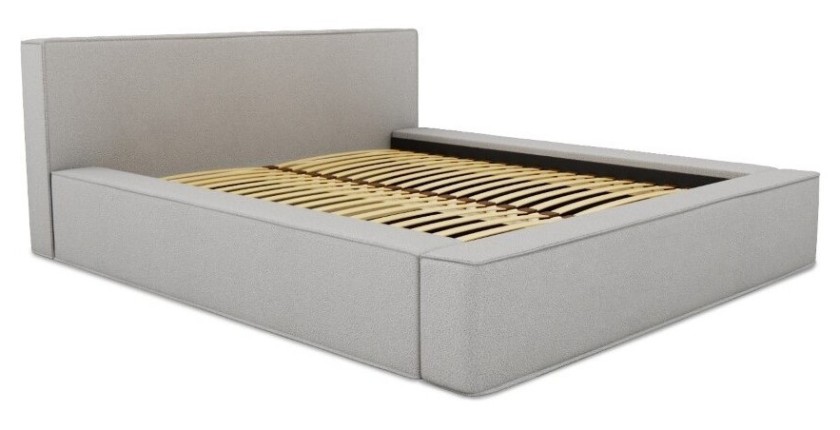 Lit coffre DENALI – Gris sable bouclé – 180x200 cm – Tissu velours doux – Sommier relevable – Rangement intégré 