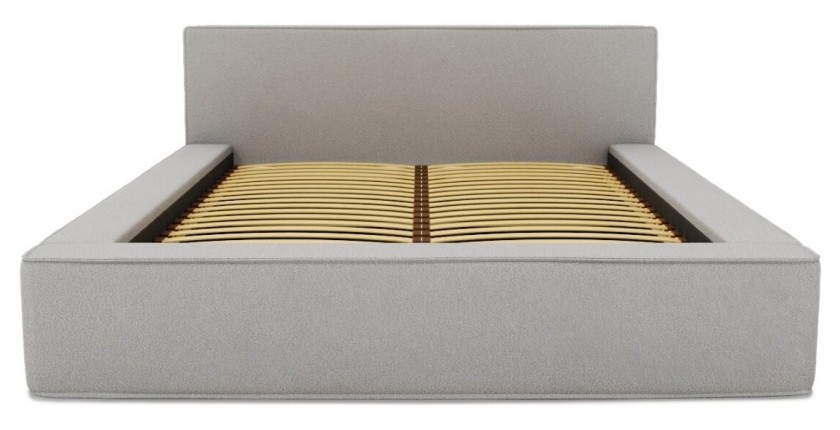 Lit coffre DENALI – Gris sable bouclé – 180x200 cm – Tissu velours doux – Sommier relevable – Rangement intégré 