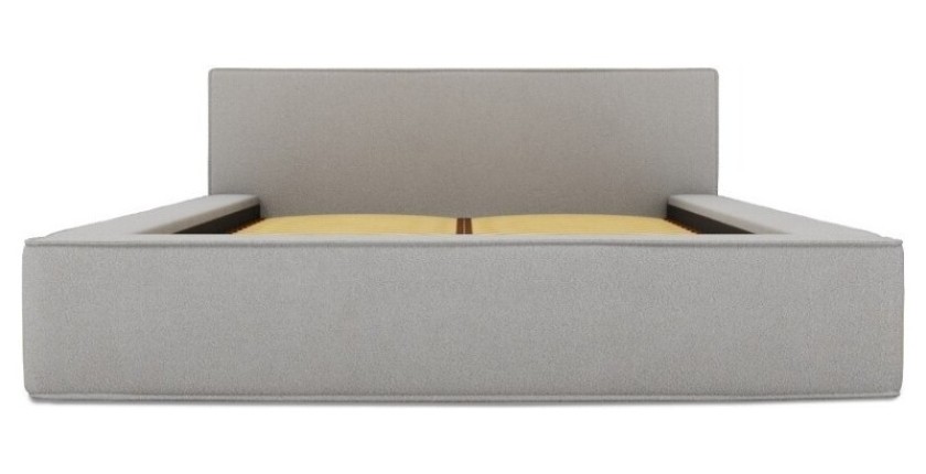 Lit coffre DENALI – Gris sable bouclé – 180x200 cm – Tissu velours doux – Sommier relevable – Rangement intégré 