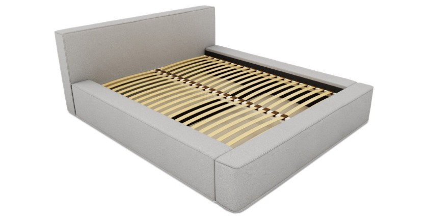Lit coffre DENALI – Gris sable bouclé – 180x200 cm – Tissu velours doux – Sommier relevable – Rangement intégré 