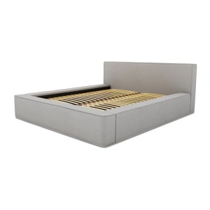 Lit coffre DENALI – Gris sable bouclé – 180x200 cm – Tissu velours doux – Sommier relevable – Rangement intégré 