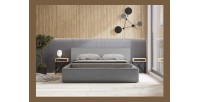 Lit coffre DENALI – Gris sable bouclé – 180x200 cm – Tissu velours doux – Sommier relevable – Rangement intégré